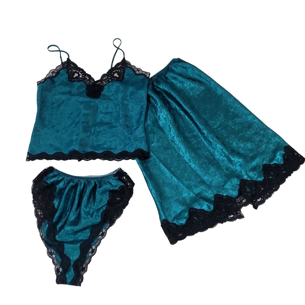 Y2K Satin Floral Lace Nighty Slip Set S Green Courtenay 3pc Highrise witchy goth